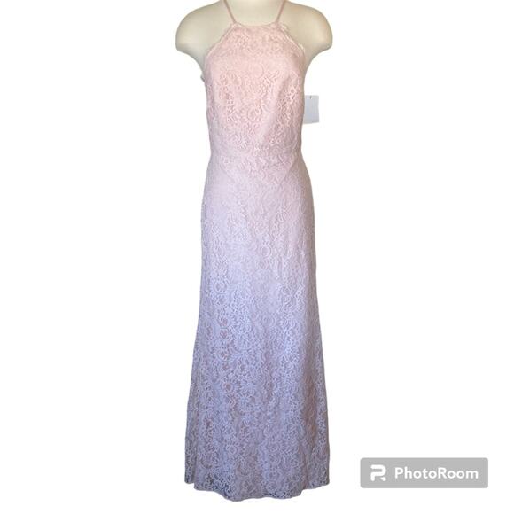 Dessy Collection NWT Halter Cross Back Marquis Lace Trumpet Blush Dress Size 14 - Picture 2 of 7